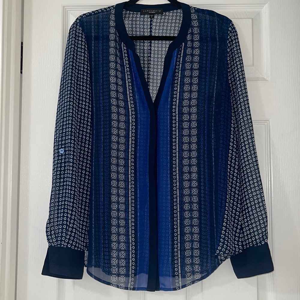 Sanctuary Sheer Navy Blue Printed Long-Sleeve Blouse